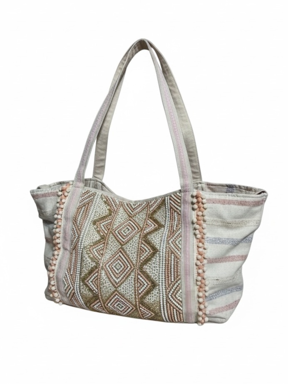 America & Beyond Rose Gold Tote Beaded Boho Jacquard Beach Bag